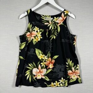Sandwich Isle Top Womens Large Black Floral Hawaii Vacation Aloha Flowy Casual